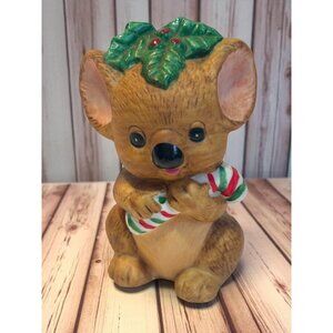 Vintage Ceramic Koala Figurine Holding Candy Cane With Holly Leaf Accent Lefton?